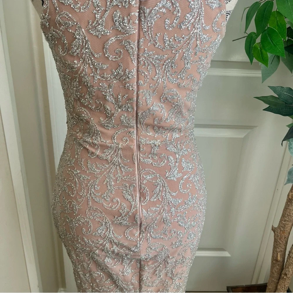 Portia & Scarlett Embellished High-Neck Halter Mermaid Gown Pink Silver Sz S - Picture 13 of 16